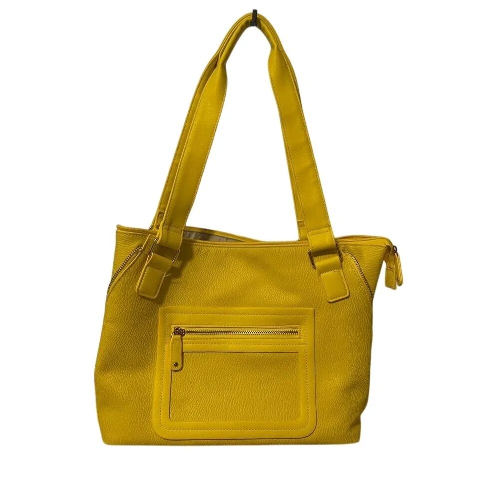Sondra Roberts‎ Yellow Pebbled Faux Leather Tote Shoulder Bag Zip Pockets